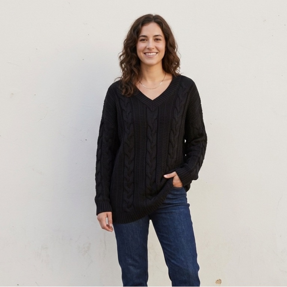 Naadam Sz M Wool Cashmere Cable Knit Relaxed Black Tunic Sweater